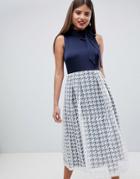Closet London Neck Tie Grid Skirt Dress - Navy