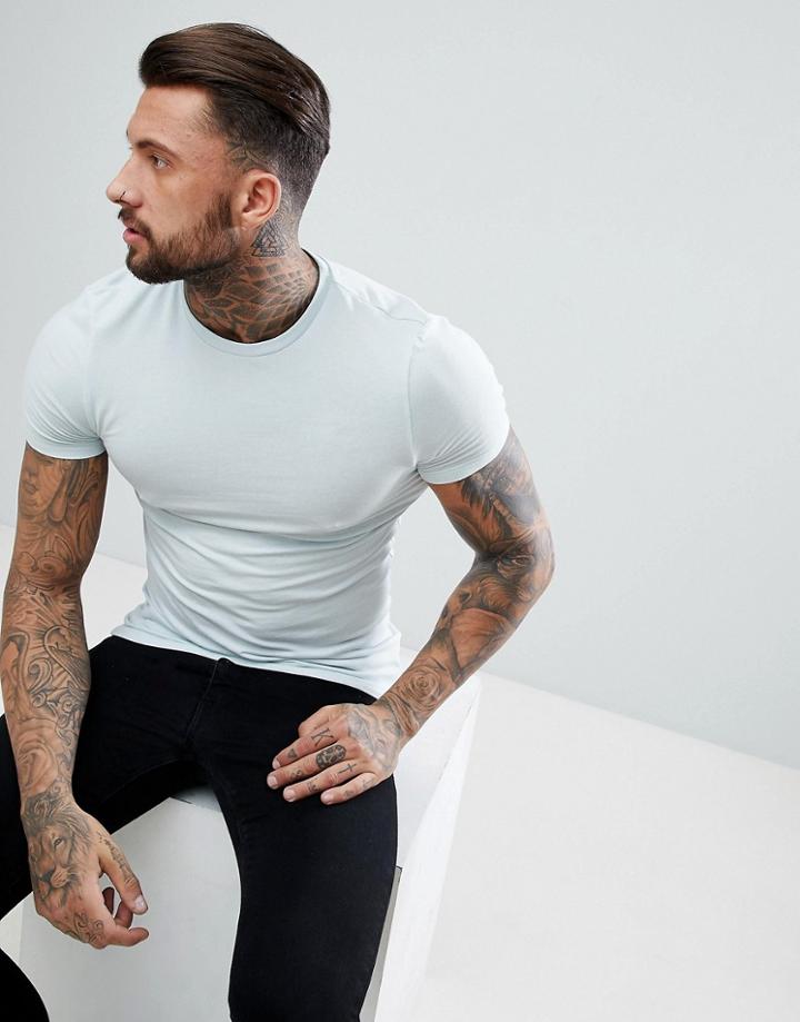 Asos Design Muscle Fit T-shirt With Crew Neck In Blue - Gray