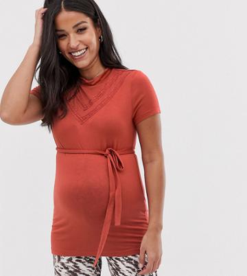 Mama. Licious Maternity High Neck Lace Detail Jersey Top In Rust - Red