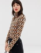 River Island High Neck Top In Geo Print-brown