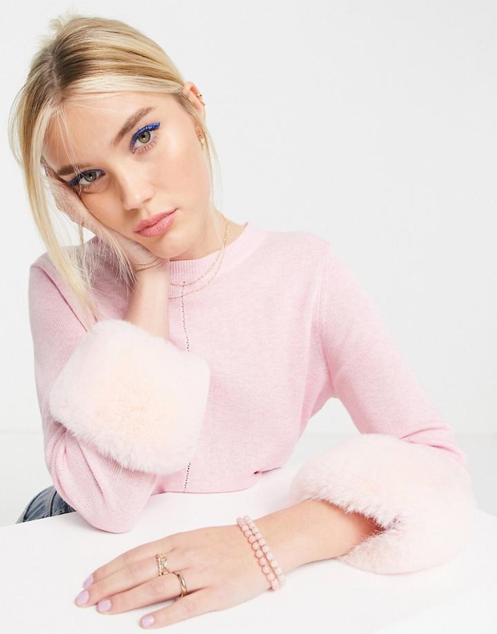 Miss Selfridge Faux Fur Cuff Knitted Crop Top In Pink-neutral