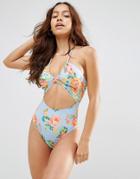 Asos Peach Melba Floral Gathered Tie Back Swimsuit - Peach Floral
