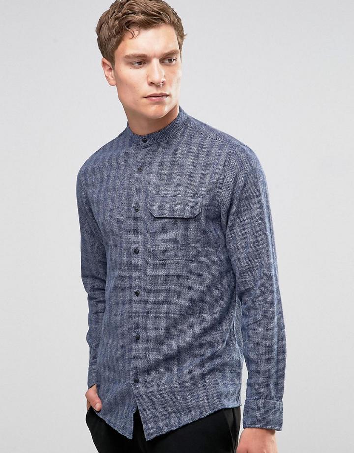 Jack & Jones Premium Slim Grandad Shirt In Brushed Cotton - Navy
