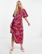 Influence Flutter Sleeve Midi Tea Dress In Red And Pink Floral