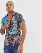 Asos Design Regular Shirt With Baroque And Check Print-blue