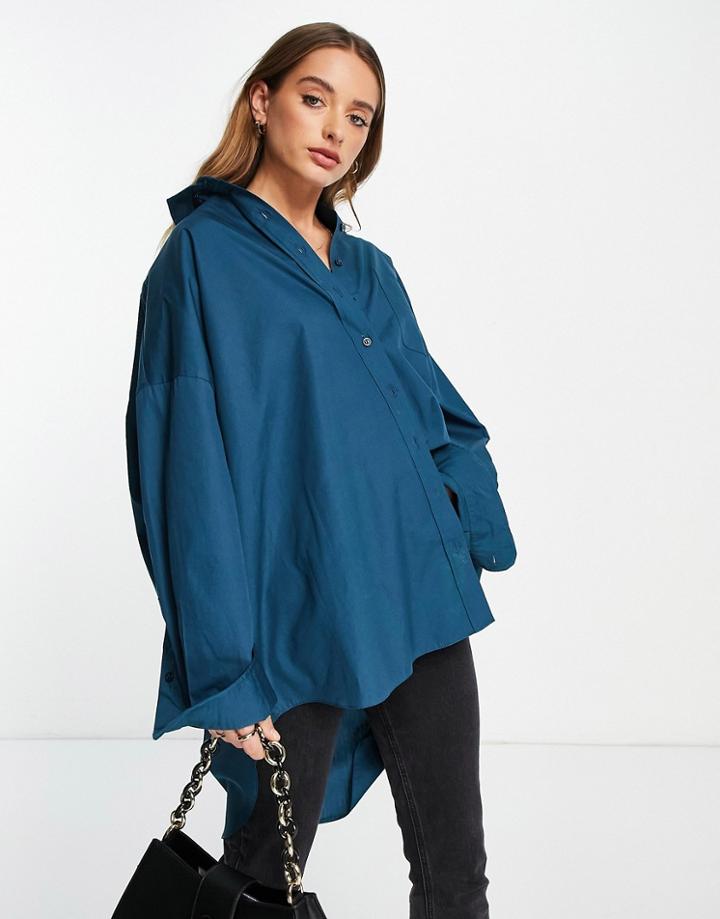 Topshop Oversized Poplin Shirt In Teal-blue