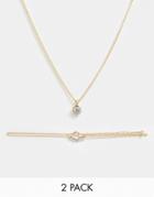 Asos Design Pack Of 2 Necklaces With Crystal Bar Choker In Gold Tone