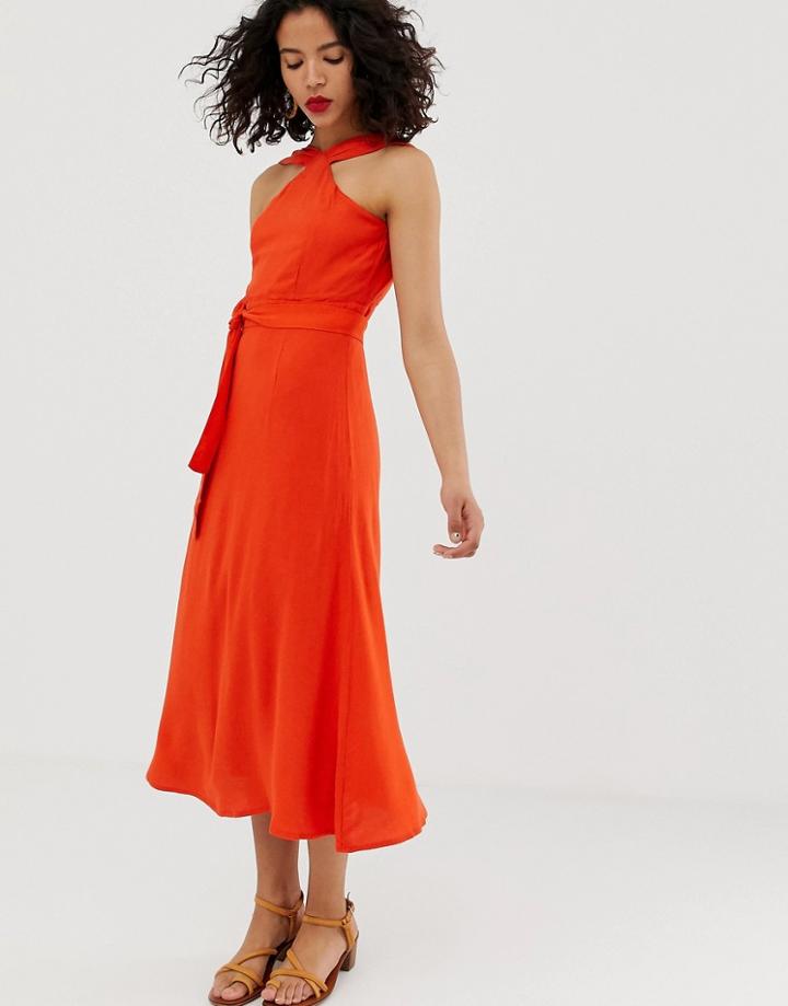 Vero Moda High Neck Tie Waist Maxi Dress - Orange