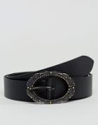 Asos Leather Belt With Retro Circular Buckle In Black - Black