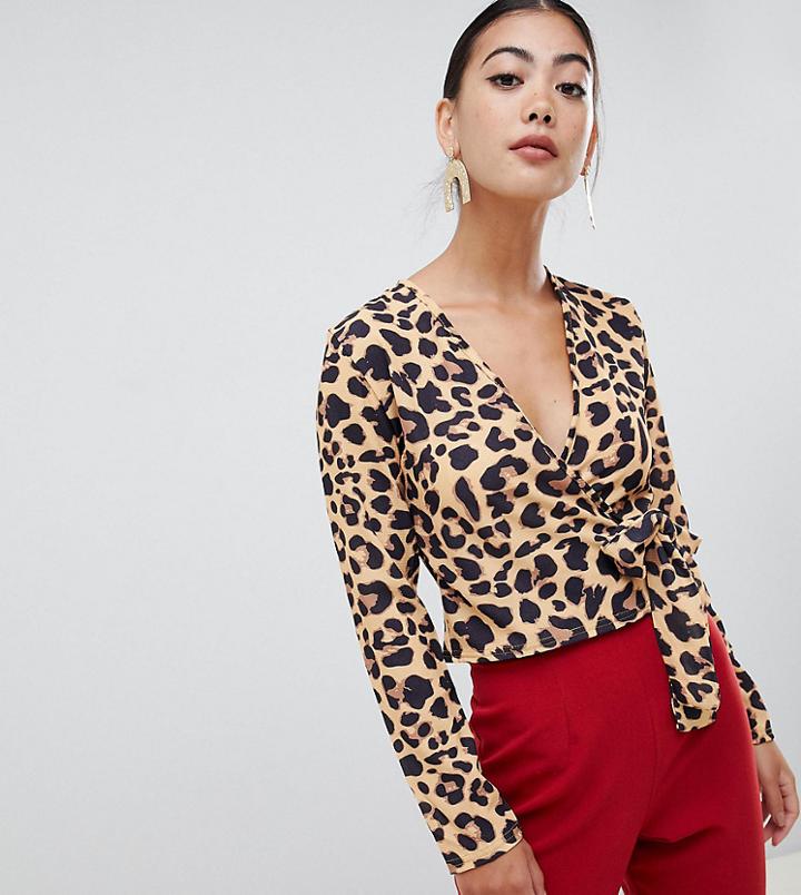 Boohoo Petite Wrap Tie Blouse In Leopard Print - Multi