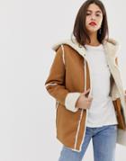 Vila Faux Shearling Hoodied Coat - Tan