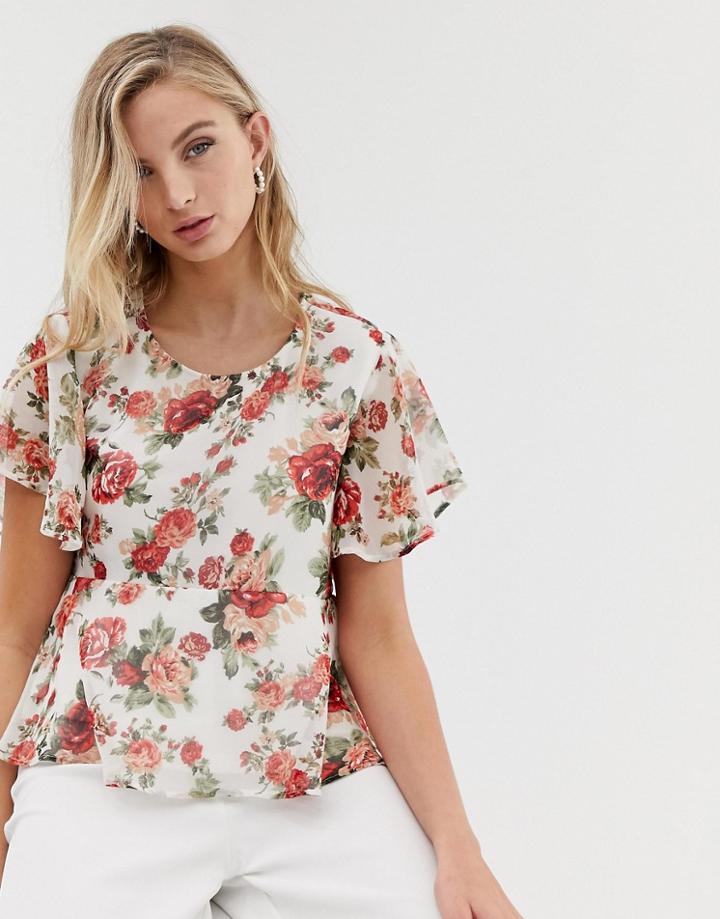 Vila Floral Fluted Sleeve Top - Multi