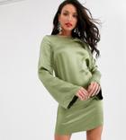 Asos Design Tall Long Sleeve Satin Shift Mini Dress In Washed Satin - Green