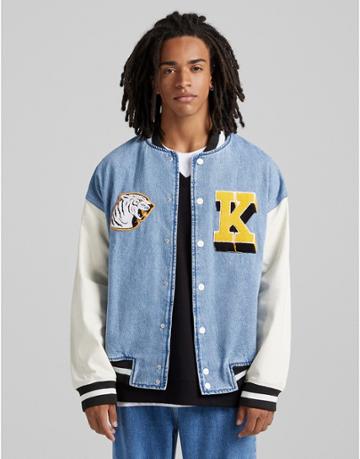 Bershka Denim Varsity Jacket In Blue-blues