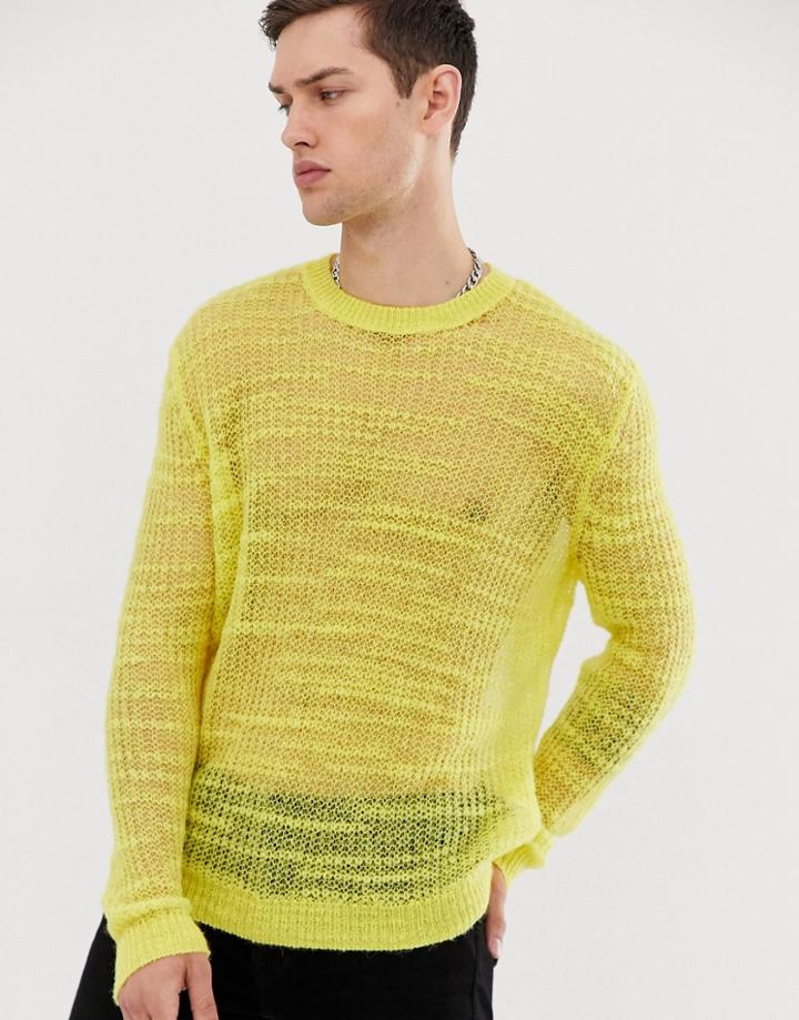 Asos Design Oversized Knitted Mesh Sweater In Yellow