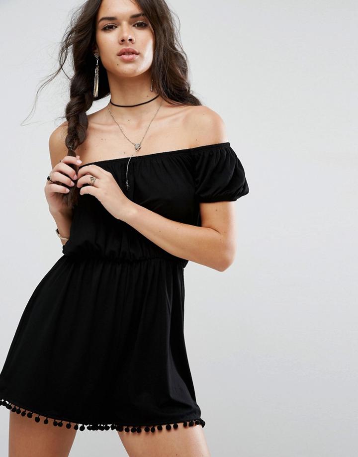 Asos Off Shoulder Romper With Pom Pom Hem - Black