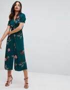 Asos Tea Jumpsuit With Knot Front In Floral Print - Multi