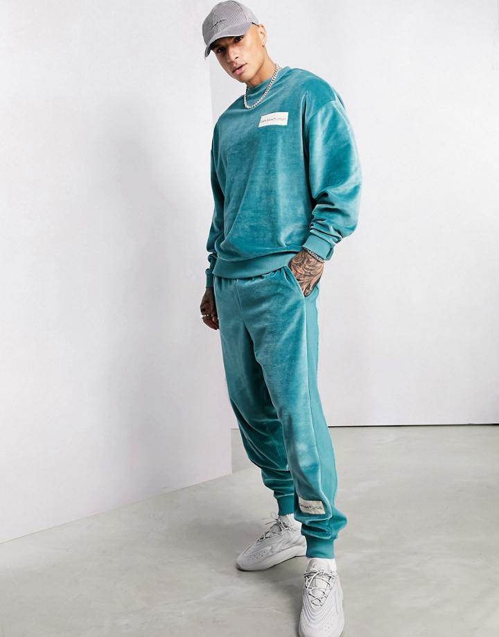 Asos Dark Future Relaxed Sweatpants In Velour With Ribbed Panels In Sagebrush Green - Part Of A Set