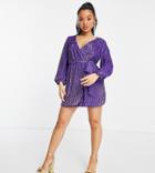 River Island Petite Wrap Sequin Embellished Mini Dress In Purple