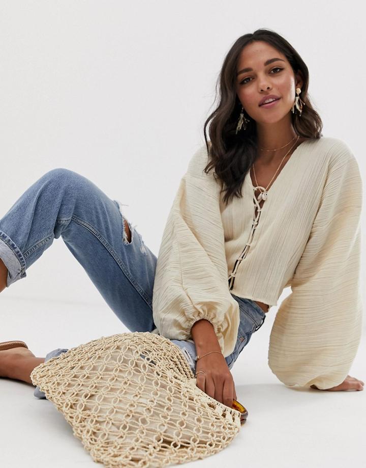 Asos Design Long Sleeve Top In Natural Crinkle With Tie Front Detail-stone