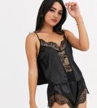 Wolf & Whistle Satin And Lace Cami And Short Pyjama Set In Black