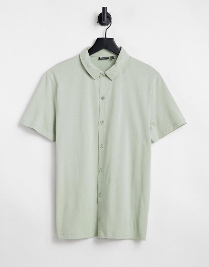 Asos Design Button Through Jersey Shirt In Washed Khaki-green