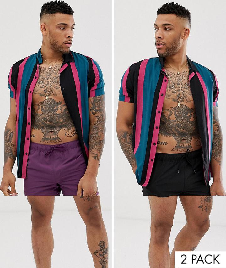 Asos Design Swim Shorts In Black & Purple Short Length 2 Pack Multipack Saving