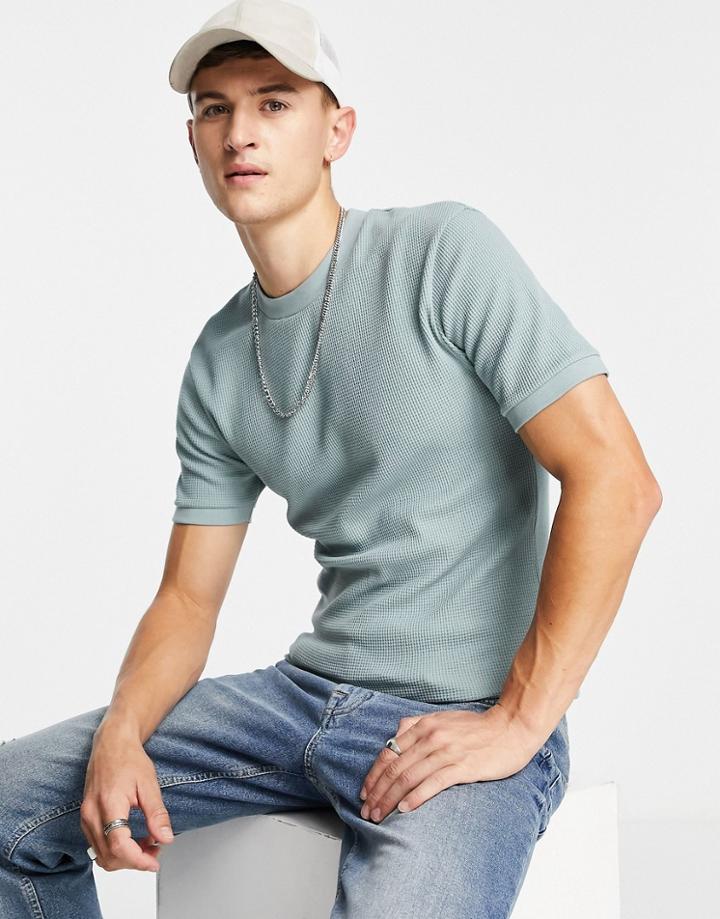 Asos Design Waffle T-shirt In Blue-blues