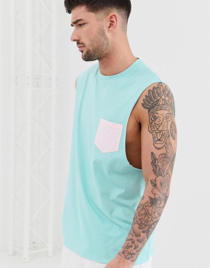 Asos Design Tank With Pocket In Blue