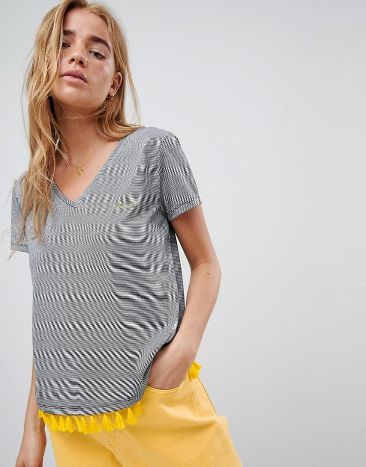 Nocozo Crop T-shirt In Stripe With Contrast Fringing - Black