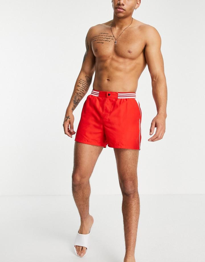 Asos Design Swim Shorts With Contrast Waitband In Red Short Length