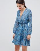 Zibi London Wrap Printed Long Sleeve Dress - Blue