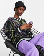Noisy May Contrast Detail V-neck Sweater In Black Check-multi
