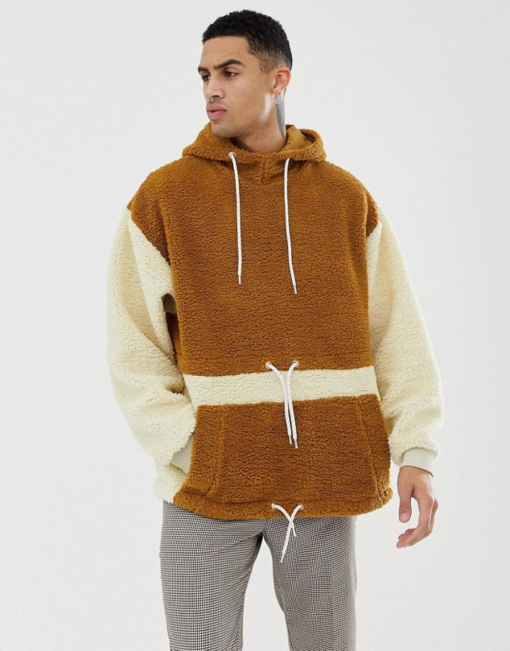 Asos Design Oversized Hoodie In Borg With Drawcords In Brown