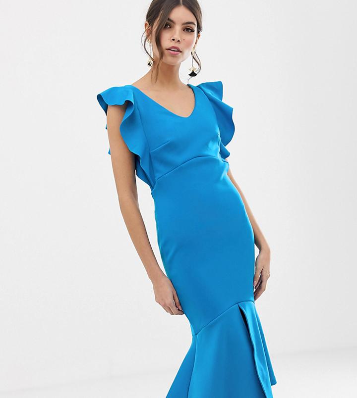 True Violet Midi Pencil Dress With Ruffle Detail And Open Back-blue