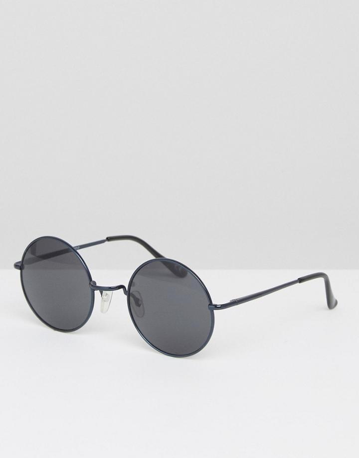 Asos Metal Round Sunglasses In Navy Blue - Blue