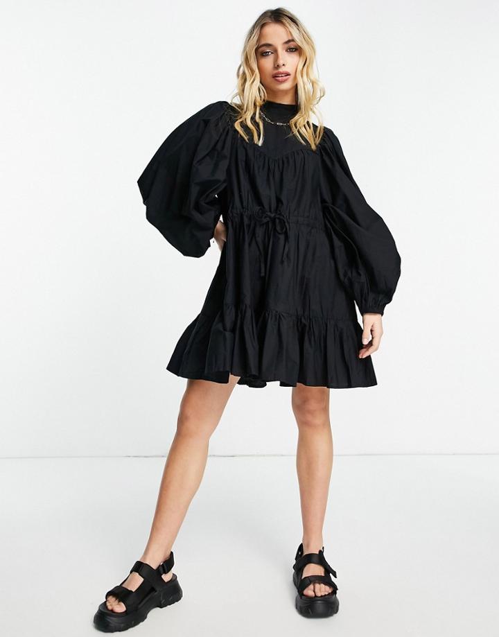 Asos Design Cotton Poplin Pintuck Yoke Mini Skater Dress In Black