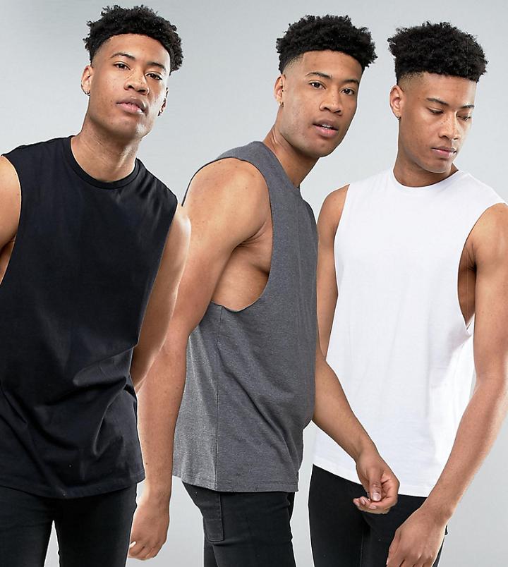 Asos Design Tall Vest With Extreme Dropped Armhole 3 Pack Save - Multi