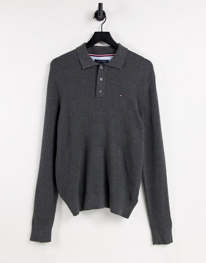 Tommy Hilfiger Long Sleeve Textured Polo Shirt-grey