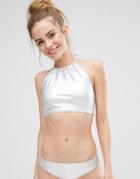 Monki Metallic Halter Bikini Top - Silver