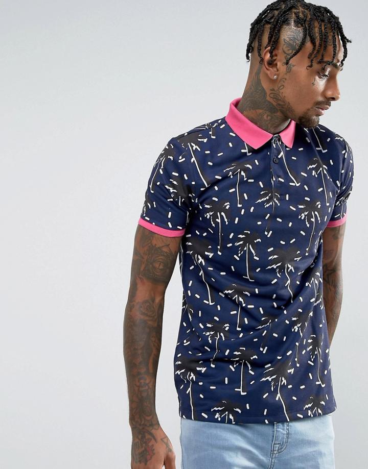 Asos Pique Polo With All Over Palm Print - Navy