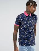 Asos Pique Polo With All Over Palm Print - Navy