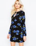 Daisy Street Shift Dress With Open Neck In Floral Print - Black