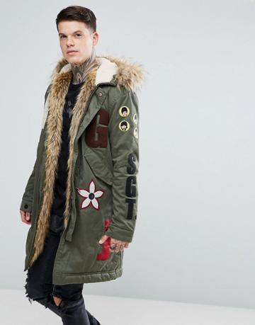 Pretty Green Lonely Hearts Club Parka Jacket In Green - Green