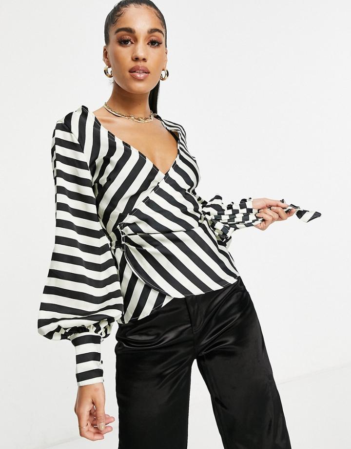 Asos Design Satin Mono Stripe Print Wrap Top-multi