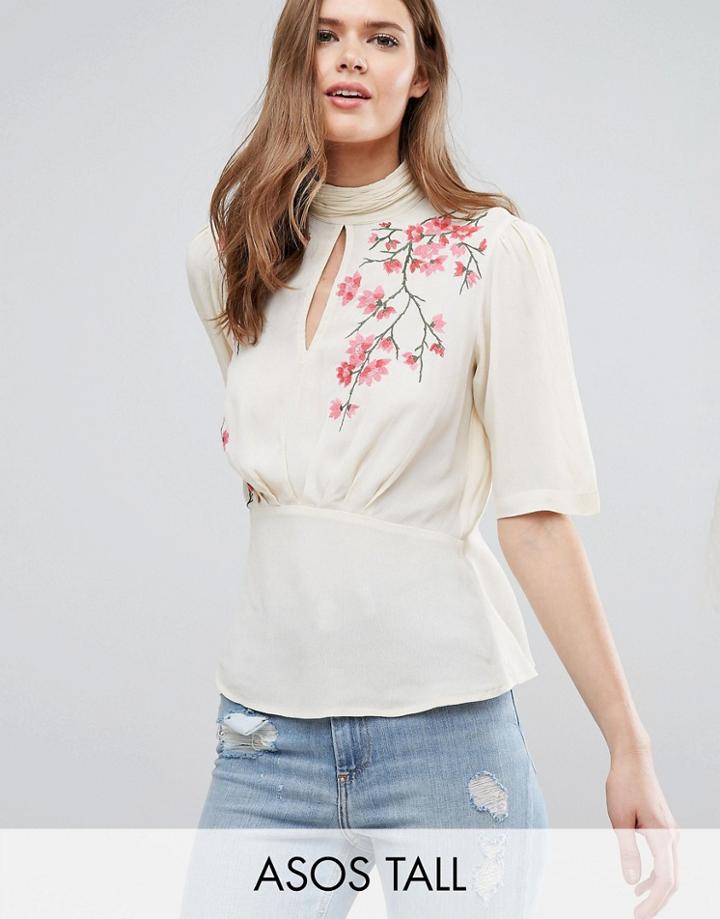 Asos Tall Tea Blouse With Embroidery - Beige