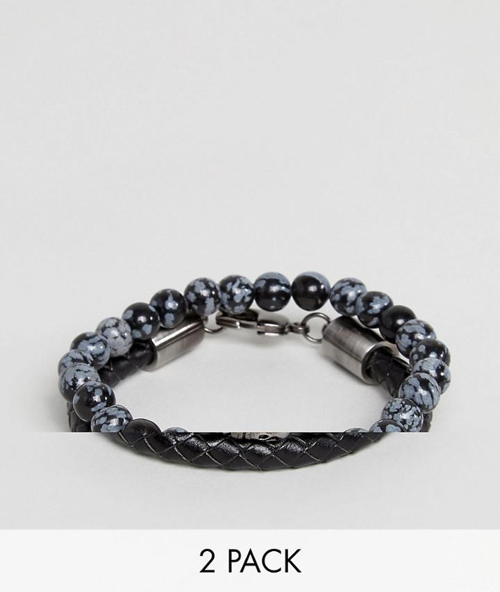 Simon Carter Snowflake Obsidian Beaded Bracelet & Black Leather Bracelet In 2 Pack - Black