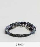 Simon Carter Snowflake Obsidian Beaded Bracelet & Black Leather Bracelet In 2 Pack - Black