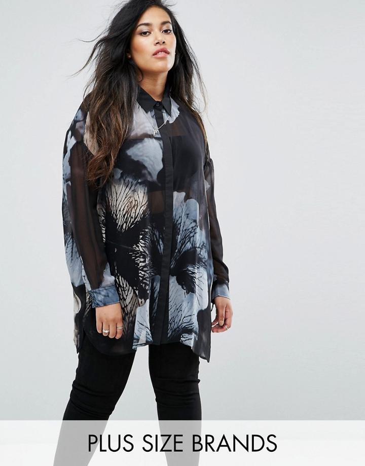 Religion Plus Sheer Shirt With Ruffle Front And Asymetric Hem In Floral Print - Multi