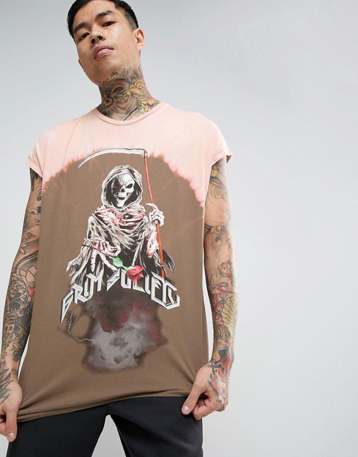 Asos Super Longline T-shirt With Grim Reaper Print And Bleach Yoke - Black